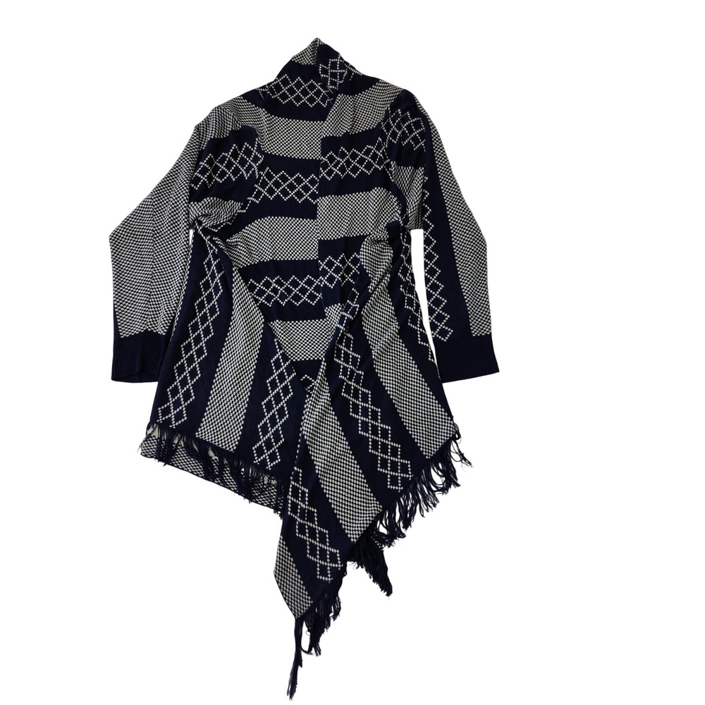 Mia Maddison Plus Navy Blue White Geometric Fringe Sharkbite Cardigan Sweater 3X